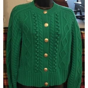 J Crew Woman Thick Cable Knit Winter Spring Sweater Green Gold Button Front NWT